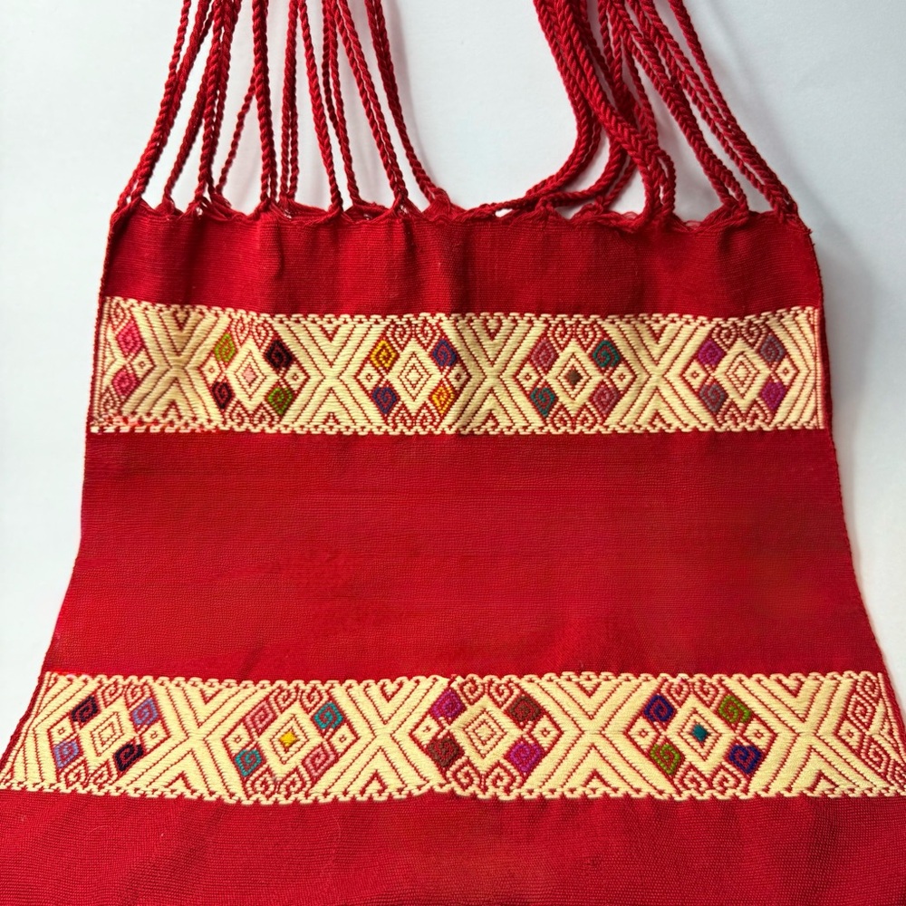 Handwoven Mexican Tote Bag 15x15 inch-Traditional Textile Red Embroidered Accent